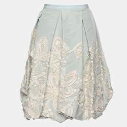 Pre Owned Oscar de la Renta Grey/Light Blue Silk Embroidered Mini Skirt Size L