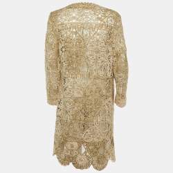 Pre Owned Oscar de la Renta Beige Sequin Patterned Lace Open Front Jacket L