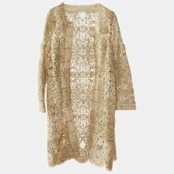 Pre Owned Oscar de la Renta Beige Sequin Patterned Lace Open Front Jacket L