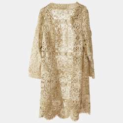 Pre Owned Oscar de la Renta Beige Sequin Patterned Lace Open Front Jacket L
