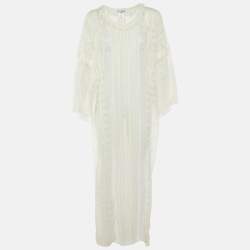 Pre Owned فستان عباية ماكسي شفاف من الدانتيل الأبيض أوسكار دي لا رينتا مقاس صغير