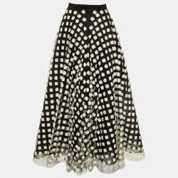 Pre Owned Oscar de la Renta Black Tulle Floral Applique Maxi Skirt M