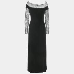 Pre Owned Oscar de la Renta Black Lace Trim Velvet Maxi Dress M