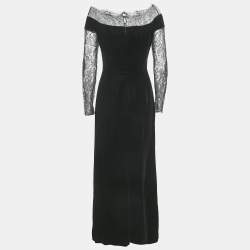 Pre Owned Oscar de la Renta Black Lace Trim Velvet Maxi Dress M