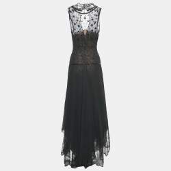 مملوكة مسبقًا Oscar de la Renta Vintage Black Embellished Lace and Crepe Long Dress S