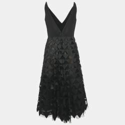 Pre Owned Oscar de la Renta Black Triangle Appliqué Tulle and Silk-Faille Gown L