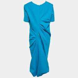 Oscar de la Renta Blue Wool Ruched Midi Dress XL