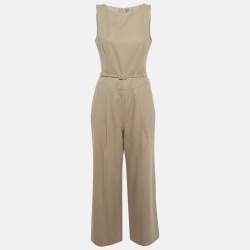 Oscar de la Renta Brown Camel Wool Belted Sleeveless Jumpsuit M
