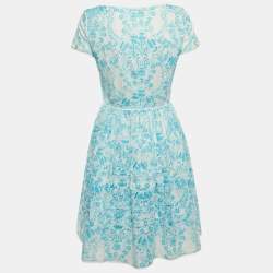 Pre Owned Oscar de la Renta Blue & White Printed Cotton Mini Dress S