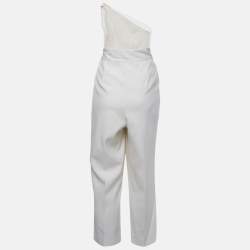 Pre Owned Oscar de la Renta White Tulle Trim Wool One Shoulder Jumpsuit L