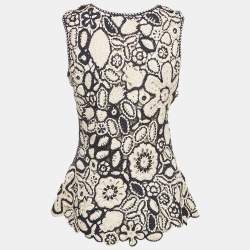 Pre Owned Oscar de la Renta Blue/Cream Patterned Crochet Top M