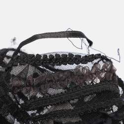 Pre Owned Oscar de la Renta Black Lace and Leather Midi Skirt M