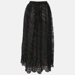 Pre Owned Oscar de la Renta Black Lace and Leather Midi Skirt M