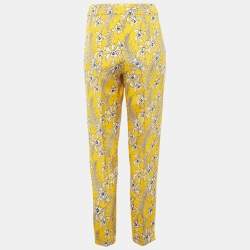 Pre Owned Oscar de la Renta Yellow Floral Print Silk Crepe Trousers S