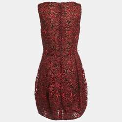 Pre Owned Oscar de la Renta Black /Red Lace Sleeveless Mini Dress M