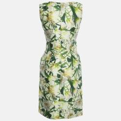 Pre Owned Oscar de la Renta White Floral Print Silk & Wool Plunge Neck Short Dress S