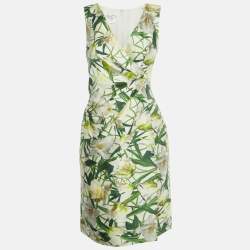 Pre Owned Oscar de la Renta White Floral Print Silk & Wool Plunge Neck Short Dress S