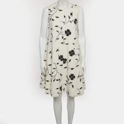 Pre Owned Oscar de la Renta White Floral Printed Wool Sleeveless Shift Dress M