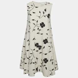 Pre Owned Oscar de la Renta White Floral Printed Wool Sleeveless Shift Dress M
