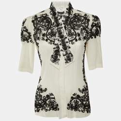 Pre Owned Oscar De La Renta White Embroidered Silk Chiffon Shirt M