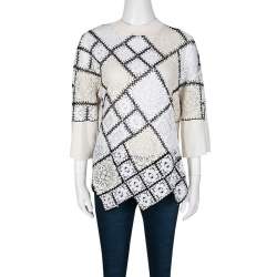Pre Owned Oscar de la Renta Cream Lace and Crochet Patchwork Sweater M