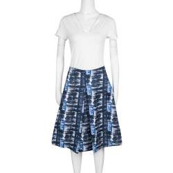 Oscar de la Renta Blue and White Printed A-Line Inverted Pleat Skirt S