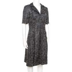 Oscar de la Renta Grey Textured Lurex Plunge Neck Detail Short Sleeve Dress M