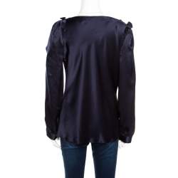 Pre Owned Oscar de la Renta Navy Blue Satin Cowl Neck Long Sleeve Blouse L