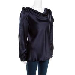 Pre Owned Oscar de la Renta Navy Blue Satin Cowl Neck Long Sleeve Blouse L