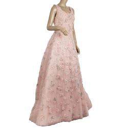 Pre Owned Oscar de la Renta Pink Floral Embellished Evening Gown Spring 2013 L
