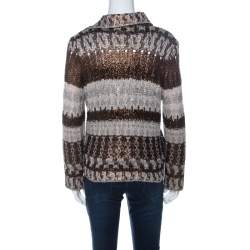 Pre Owned Oscar de la Renta Brown & Bronze Silk Knit Cardigan L 