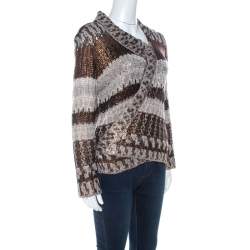 Pre Owned Oscar de la Renta Brown & Bronze Silk Knit Cardigan L 