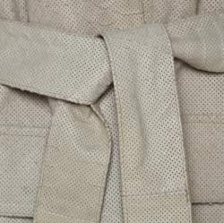 Oscar de la Renta Beige Perforated Python Embossed Leather Belted Coat L