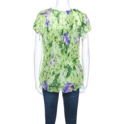 Pre Owned Oscar de la Renta Green Floral Print Chiffon Top L
