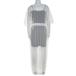 Pre Owned Oscar de la Renta White Crochet Maxi Belted Kaftan S