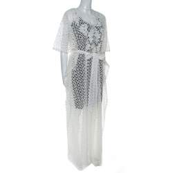 Pre Owned Oscar de la Renta White Crochet Maxi Belted Kaftan S