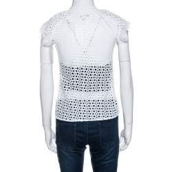 Pre Owned Oscar de la Renta White Eyelet Lace Ruffle Detail Top M