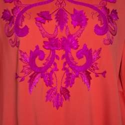 Pre Owned Oscar de la Renta Orange Crepe Floral Applique Detail Tunic XL