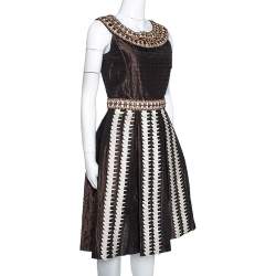 Oscar de la Renta Brown Silk Embellished & Pleated Sleeveless Dress S