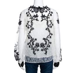 Pre Owned Oscar de la Renta Monochrome Floral Lace Long Sleeve Blouse L 