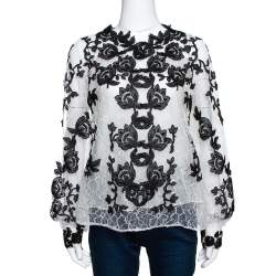 Pre Owned Oscar de la Renta Monochrome Floral Lace Long Sleeve Blouse L 