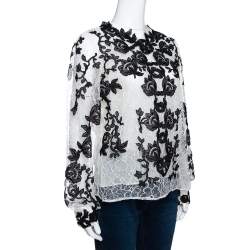 Pre Owned Oscar de la Renta Monochrome Floral Lace Long Sleeve Blouse L 