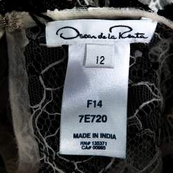 Pre Owned Oscar de la Renta Monochrome Floral Lace Long Sleeve Blouse L 