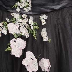 Pre Owned Oscar de la Renta Black Floral Embroidered and Appliqued Tulle Halter Neck Gown M