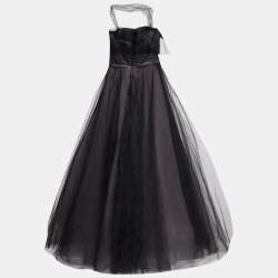 Pre Owned Oscar de la Renta Black Floral Embroidered and Appliqued Tulle Halter Neck Gown M