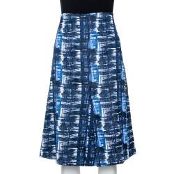 Pre Owned Oscar de la Renta Blue & White Jacquard Patterned A-Line Skirt L