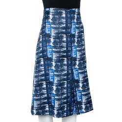 Pre Owned Oscar de la Renta Blue & White Jacquard Patterned A-Line Skirt L
