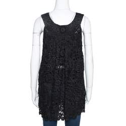Oscar de la Renta Black Silk Crochet Knit Sleeveless Top S