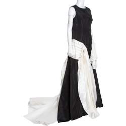 مملوكة مسبقًا فستان أوسكار دي لا رنتا حرير أسود فيليه متباين مكشكش مقاس كبير - لارج