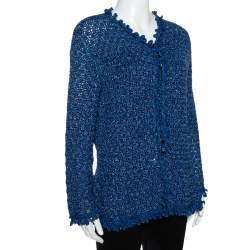 Pre Owned Oscar de la Renta Blue Silk Hand Knit Button Front Cardigan L